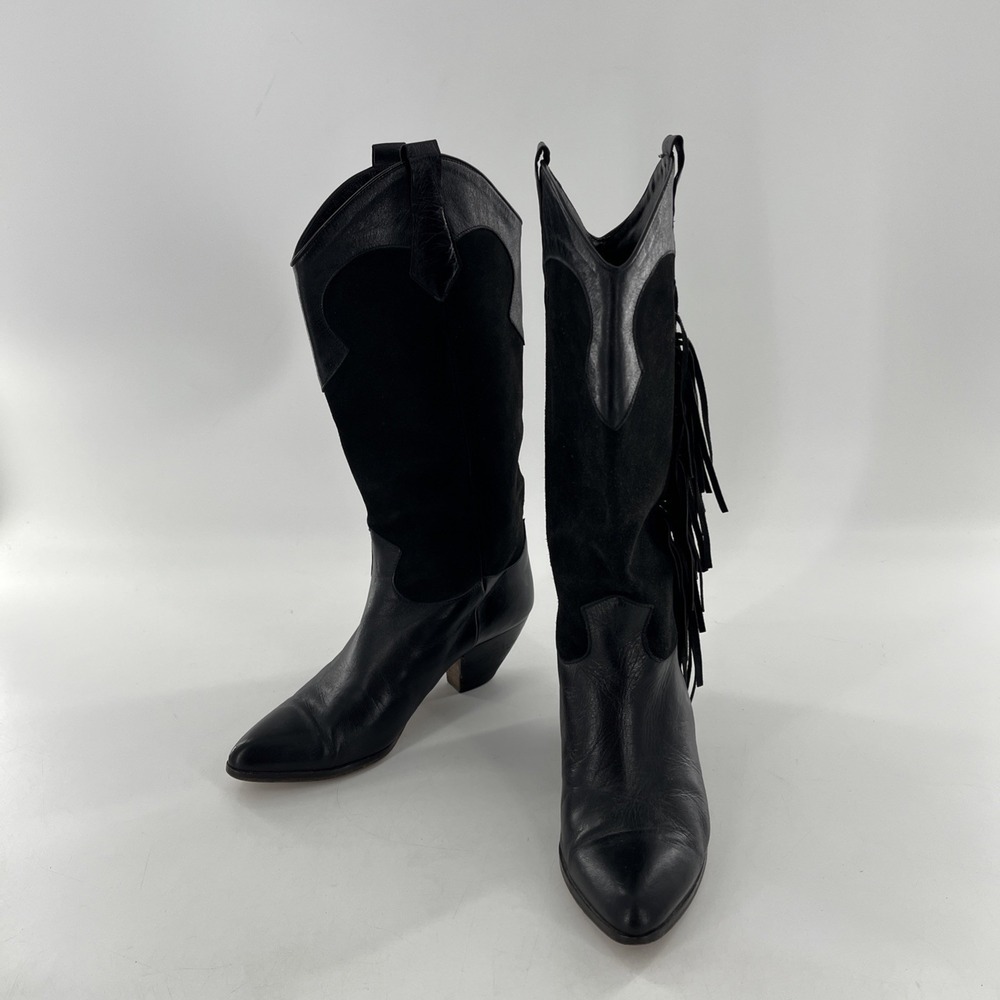 Rare Vintage Lenni Italian Leather Suede Calf Boots Fringe Heel 7.5 Cowgirl‎